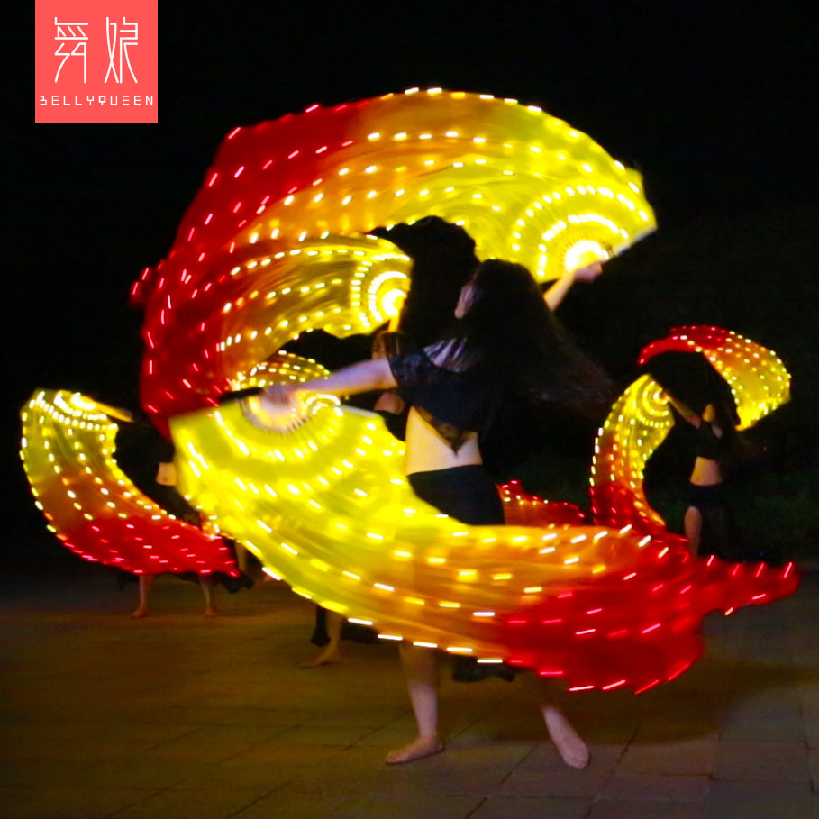 Yellow Orange and Red Led Belly Dance Fan Veil (1 pair