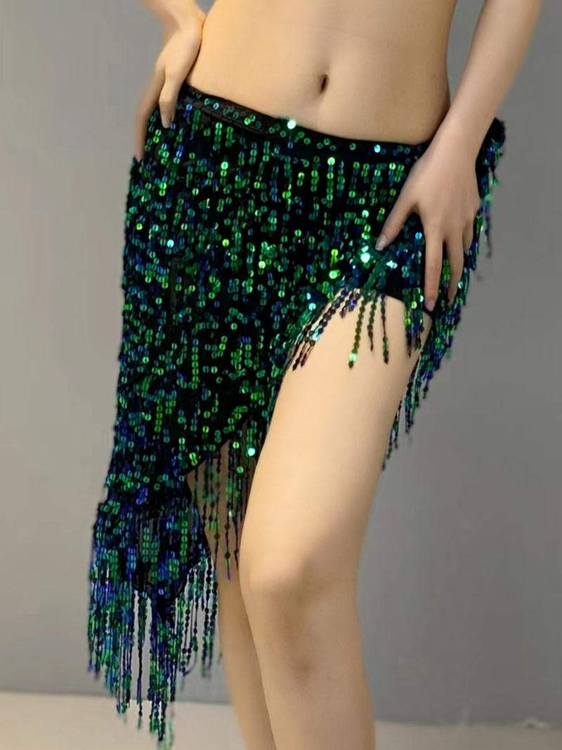 Sequins belly dance hip scarf skirt with paillette tassel Y1015