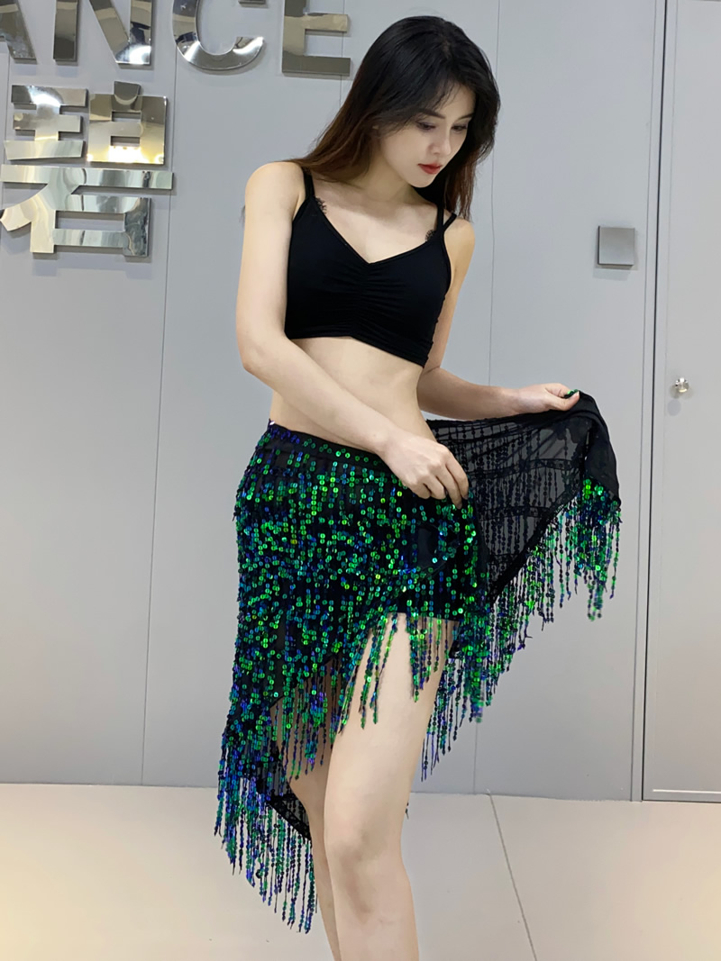 Sequins belly dance hip scarf skirt with paillette tassel Y1015