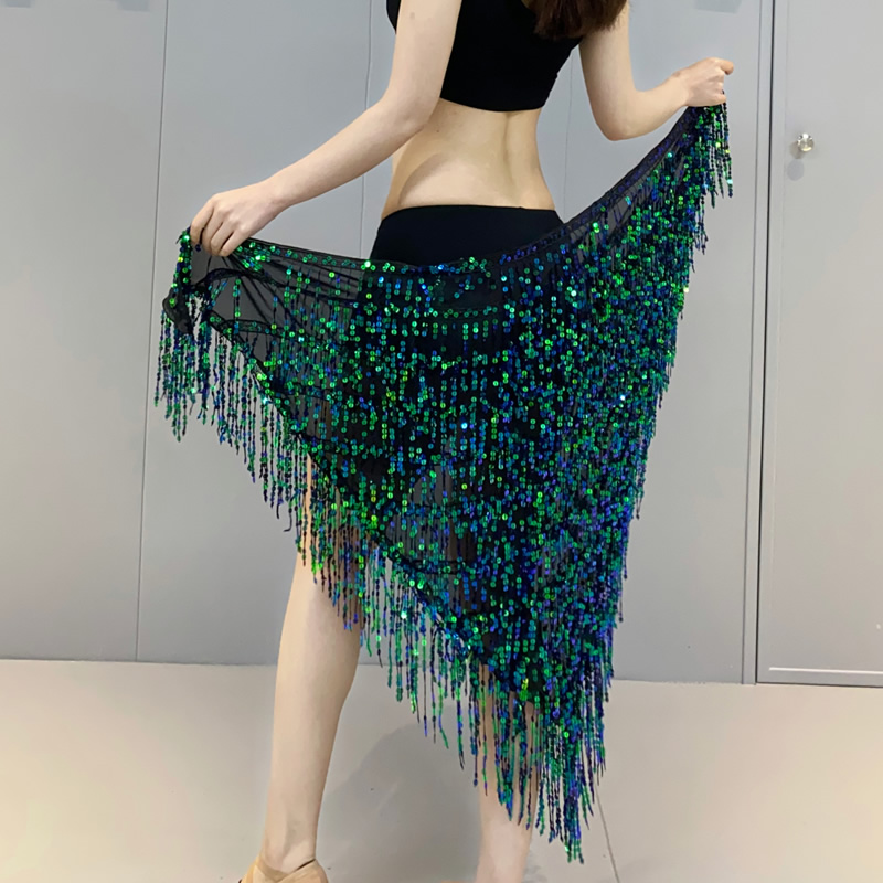 Sequins belly dance hip scarf skirt with paillette tassel Y1015