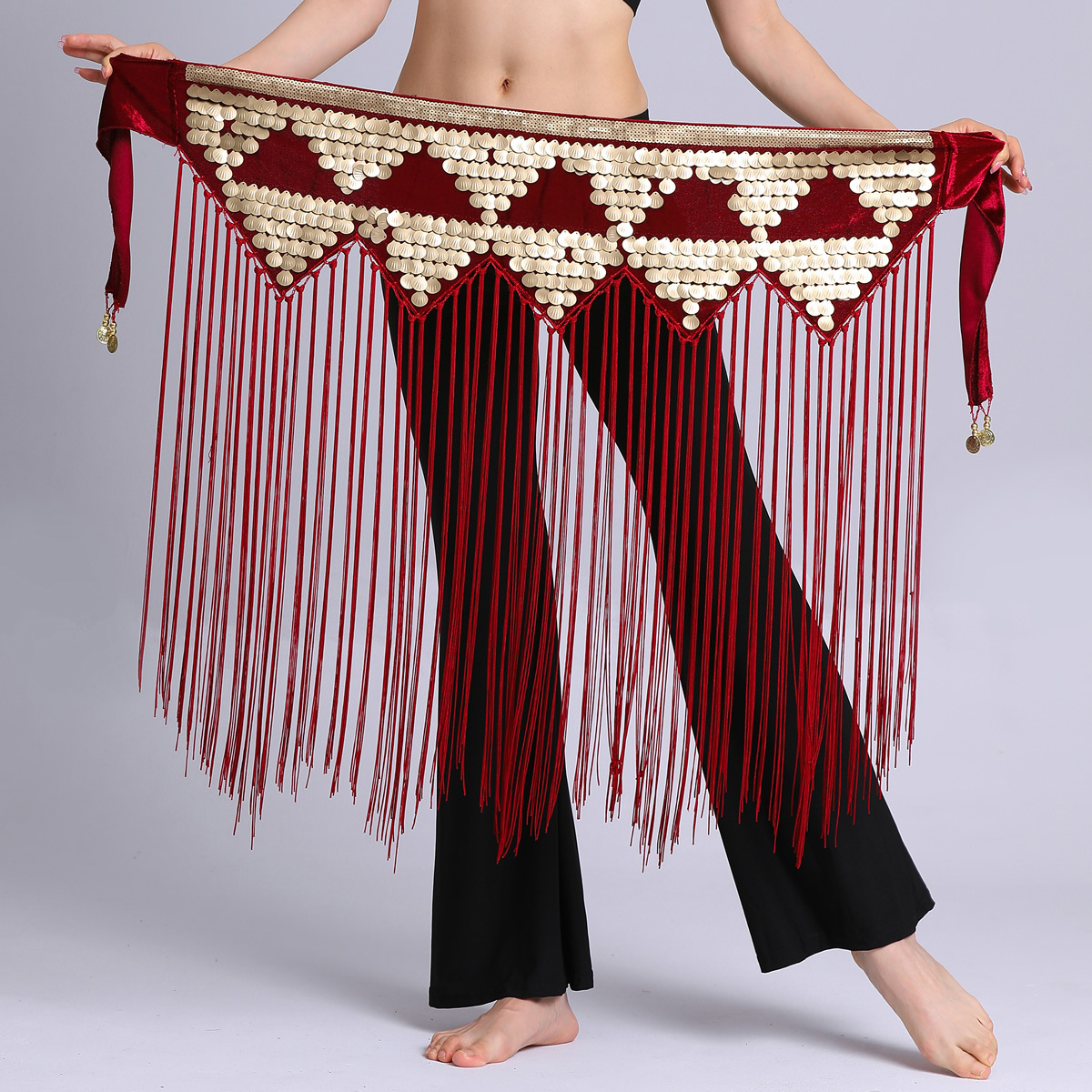 handmade triangle belly dance hip scarf with long tassel Y1026